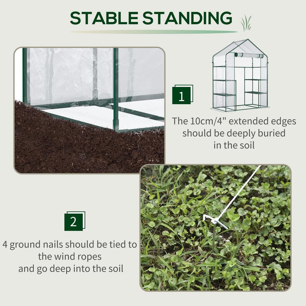 Clear and Green Walk-In Greenhouse with Shelving and Roll-Up Door