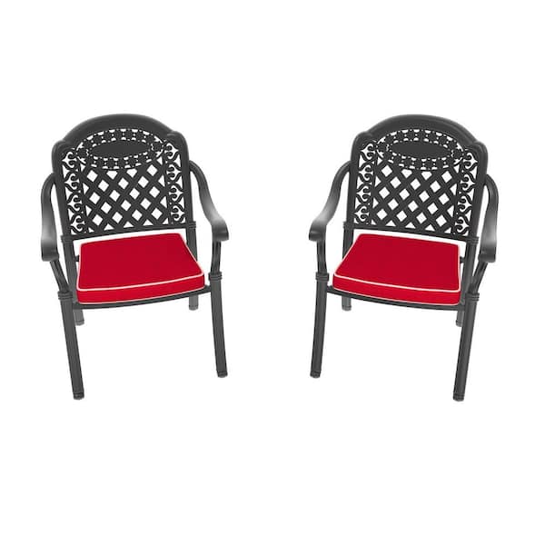 Cast Aluminum Outdoor Patio Dining Chair 2PCS with Black Frame and Red Cushions