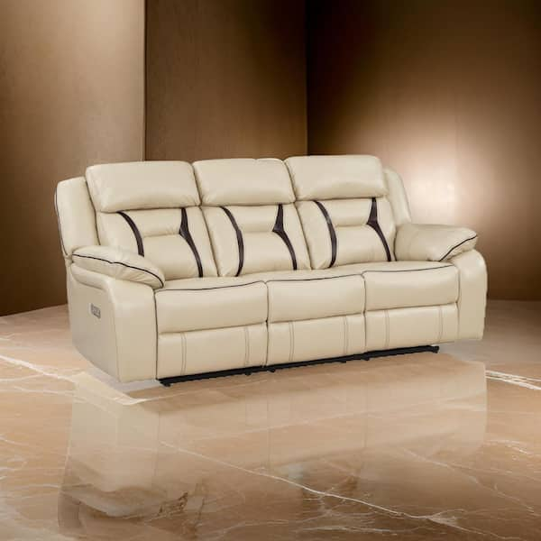 86 in. Pillow Top Arm Faux Leather Rectangle Power Dual Recliner Sofa in Beige and Brown