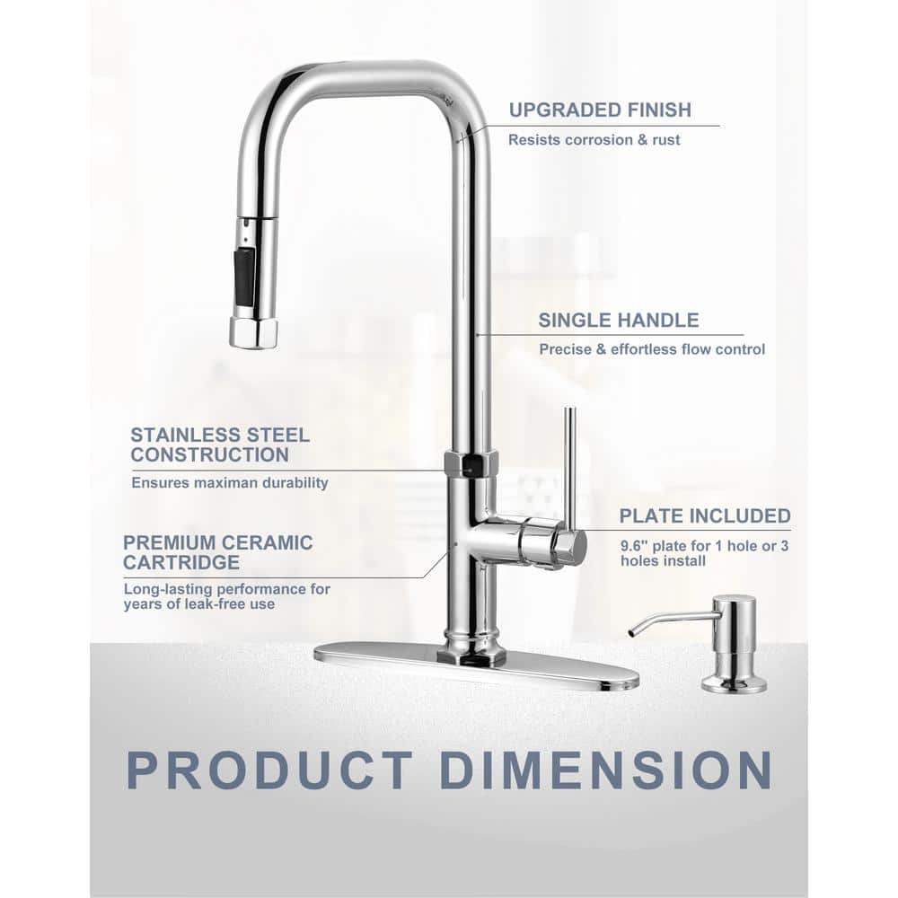 Chrome Single-Handle Pull Down Kitchen Faucet with Soap Dispenser
