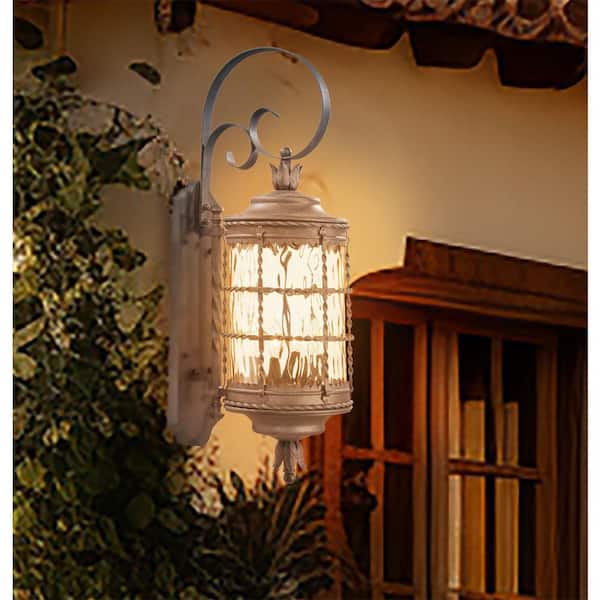 Mallorca 4-Light Black Spanish Iron Outdoor Wall Lantern Sconce with Champagne Hammered Glass Shade, Bulbs Not Included