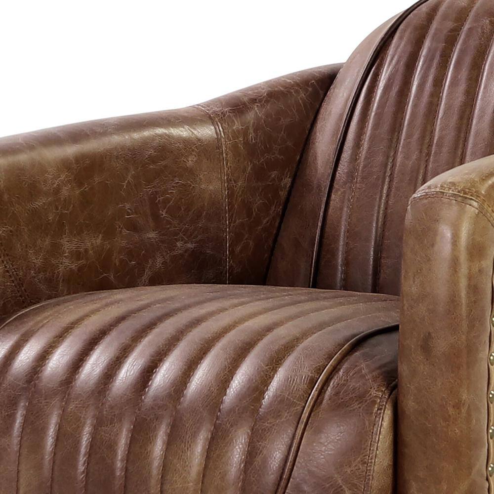 Retro Brown Top Grain Leather and Aluminum Accent Chair