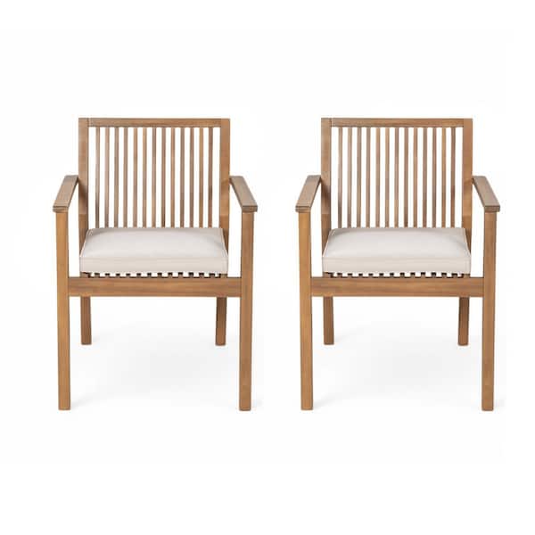 2-Piece Brown Frame Acacia Wood Patio Dining Chair with Beige Cushions, 400 lbs. Capacity