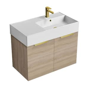 Derin 31.9 in. W x 17.3 in. D x 25.2 in. H Modern Bathroom Vanity in Brown Oak With White Ceramic Top