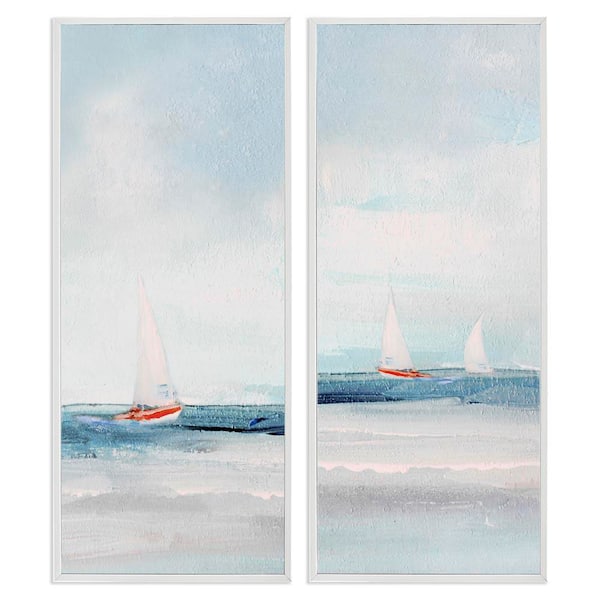 Sailboats near Shoreline by Sally Swatland 2 Pieces White Framed Coastal Giclee Art Print 30 in. x 13 in.
