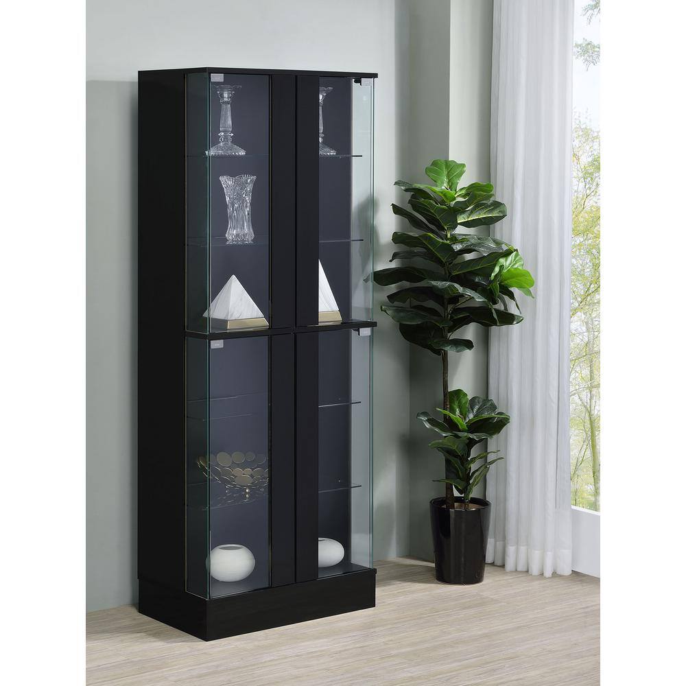 Black High Gloss Wood Curio Cabinet with Glass Shelves and LED Lighting