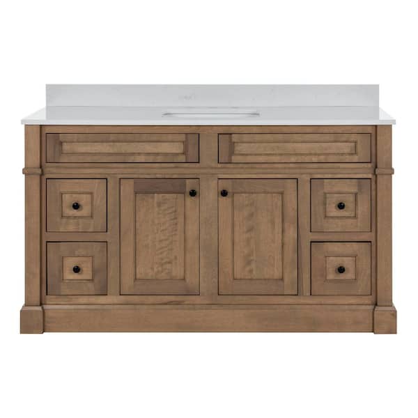 Horsham 61 in. Single Sink Driftwood Brown Freestanding Bath Vanity with Mineral White Quartz Top Assembled
