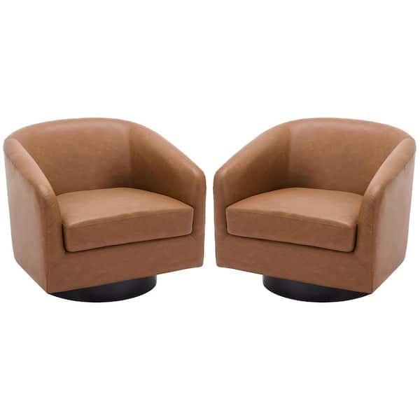 Brown PU Leather Upholstered 360° Swivel Accent Barrel Chair with Wood Frame (Set of 2)