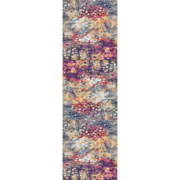 Savannah Yellow Blue, Abstract 2 ft. x 25 ft. Boho Indoor Runner Rug