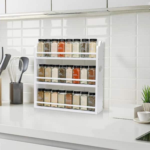 3-Tier Bamboo White Spice Rack Organizer with Handles, Spice Storage Holder, Seasoning Jars Rack for Kitchen