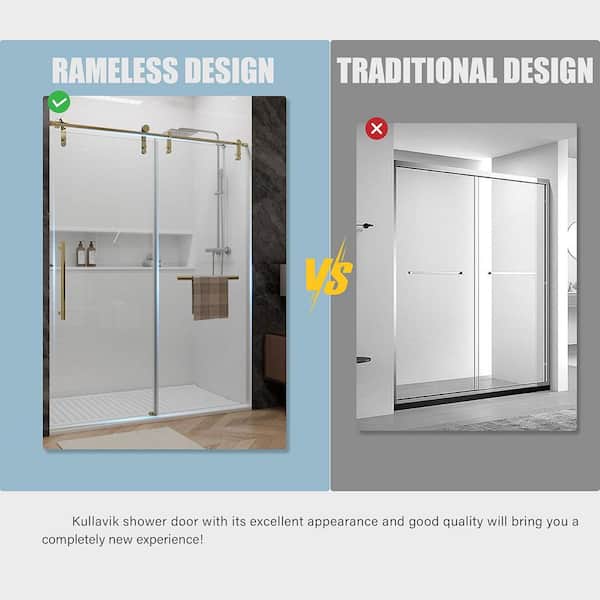 56-60 in. W x 76 in. H Sliding Frameless Glass Shower Door, Handle and Seal Strip for Waterproof, Stylish, Modern,Golden