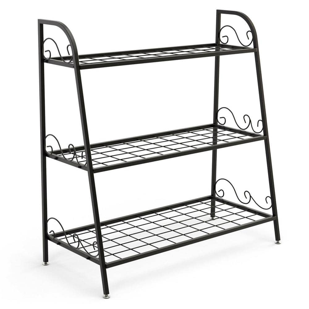 Black Steel 3-Tier Plant Stand with Adjustable Footpads