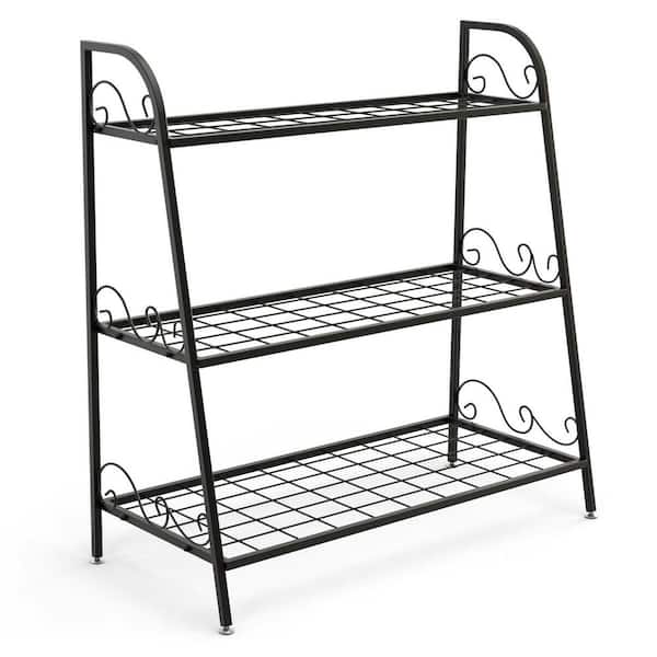 ANGELES HOME 32 in. Tall Indoor/Outdoor Black Steel Plant Stand (3-Tiered) Display Rack for Plants Shoes Flower Pot