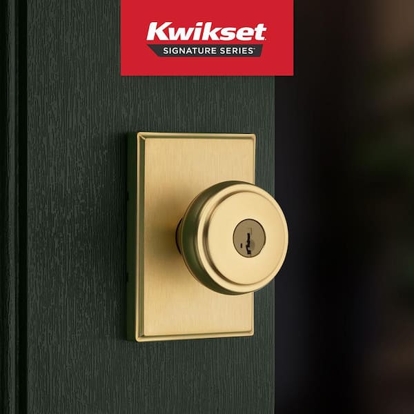 Sora Satin Brass Keyed Entry 2.19 in. Rectangle Rose Round Door Knob Featuring SmartKey Security