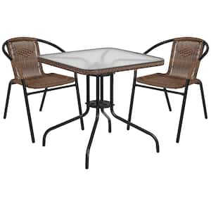 Black 3-Piece Metal Frame with Square Glass table Top Outdoor Bistro Set