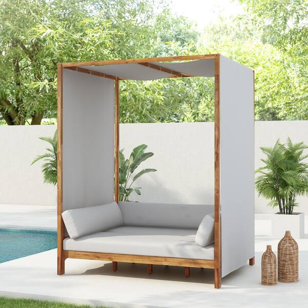 Judah Light Brown Solid Wood Outdoor Patio Day Bed with Grey Cushion, Canopy, Curtain, Detachable Pillows