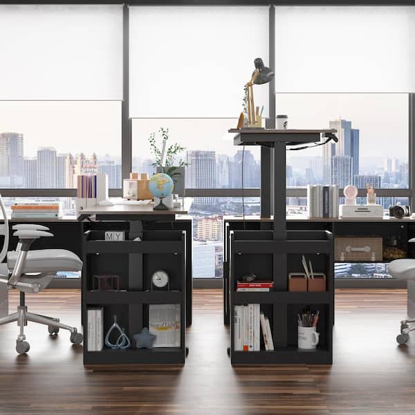FUFU&GAGA 63 in. W L-Shape Black & Wood Grain Wooden 3