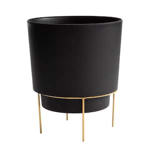 Hopson Small 6 in. Black Plastic Planter with Metal Gold Stand