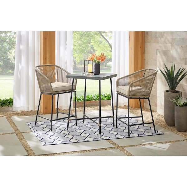 Haymont 3-Piece Steel Wicker Outdoor Bistro Set with CushionGuard Beige Cushions
