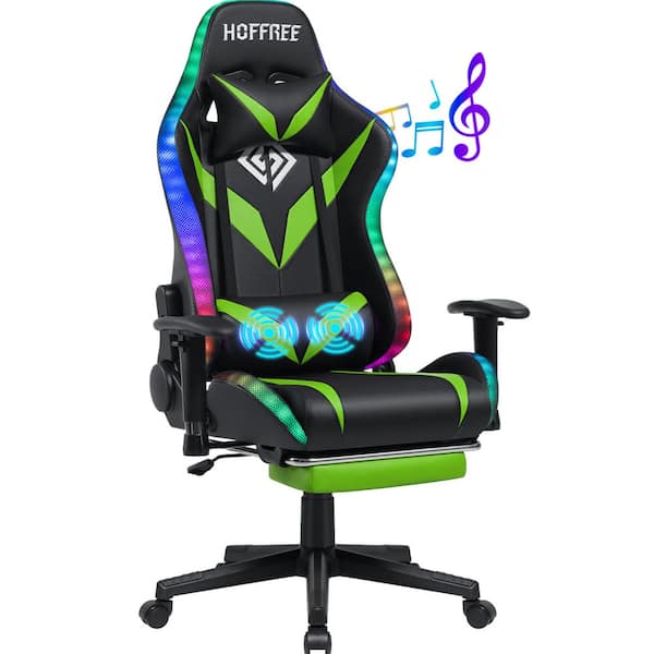 Hoffree Faux Leather Massage LED Reclining Ergonomic Gaming Chair in Green with Bluetooth Speakers and Adjustable Armrest