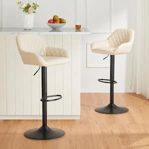 32.75 in. H Mid-Century Modern Cream Metal Quilted Leatherette Gaslift Adjustable Swivel Bar Stool (Set of 2)