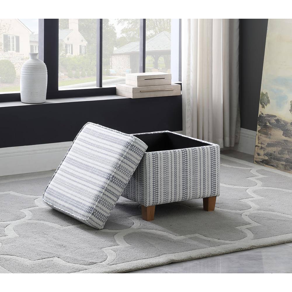 Farmhouse Blue Striped Square Storage Ottoman with Wood Legs