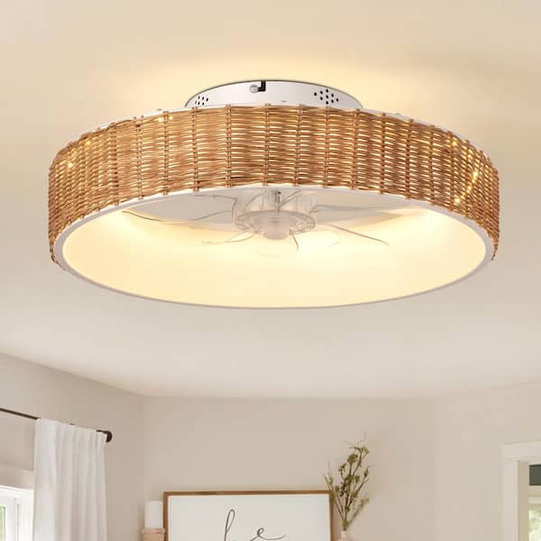 20 in. Indoor Coffee Boho Flush Mount Rattan Ceiling Fan with Light and Remote Low Profile Ceiling Fan 7 Clear Blades