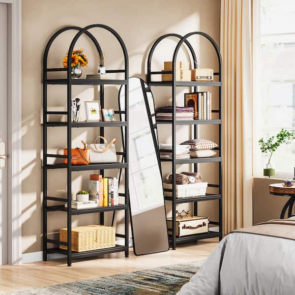 Eulas 74.4 in. Tall Black Wood 5-Shelf Standard Bookcase with Metal Frame Standing Bookshelves for Bedroom