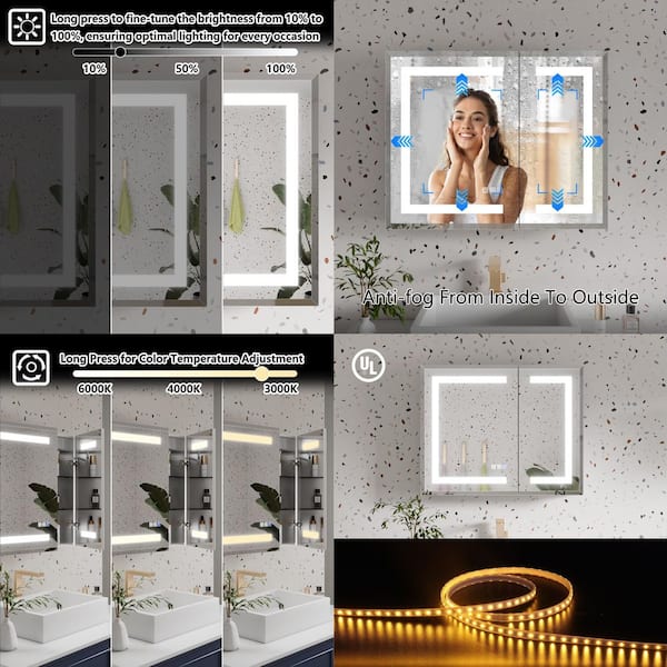 30 in. W x 24 in. H Rectangular Silver Aluminum Beveled Edge Dimmable Medicine Cabinet with Mirror Defogger