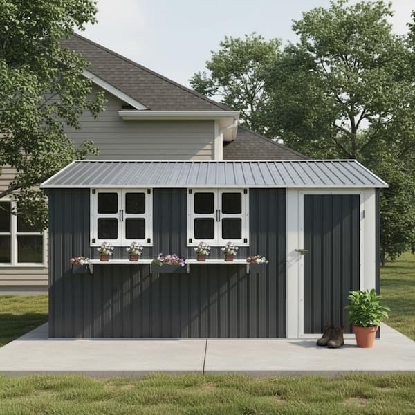 Gray 12 ft. x 10 ft. Heavy Duty Metal Storage Shed with 3 Clear Windows, Flower Rack and Lockable Single Door for Patio