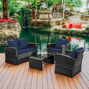 4-Piece Gray Wicker Premium Patio Furniture Wicker Conversation Set with Navy Cushions and Coffee Table