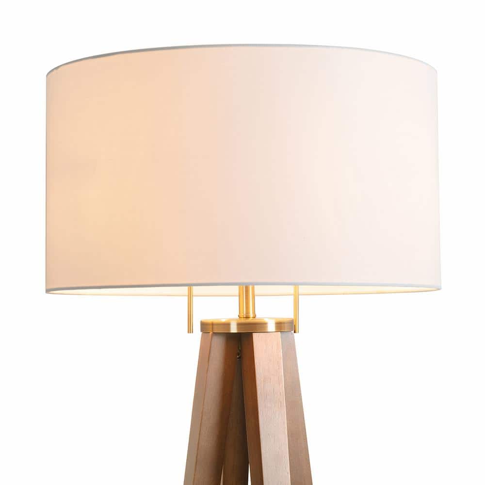 Natural Ash and Weathered Brass Floor Lamp with White Linen Shade