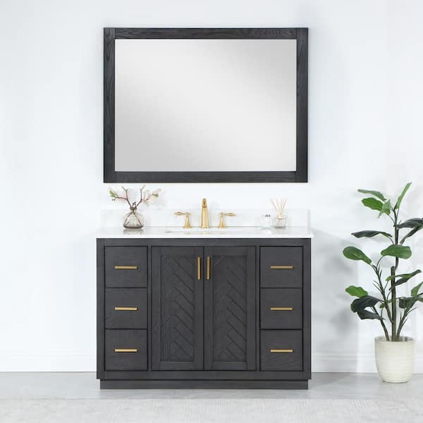 Altair Gazsi 48 in. W x 22 in. D x 34 in. H Single Sink Bath Vanity in Brown Oak with White Composite Stone Top and Mirror