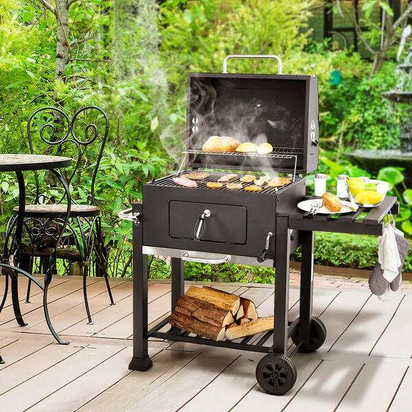 Costway Portable Charcoal Grill in Black Outdoor BBQ Smoker with Side Table Patio Picnic Backyard Cooking OP70812 - Home Depot