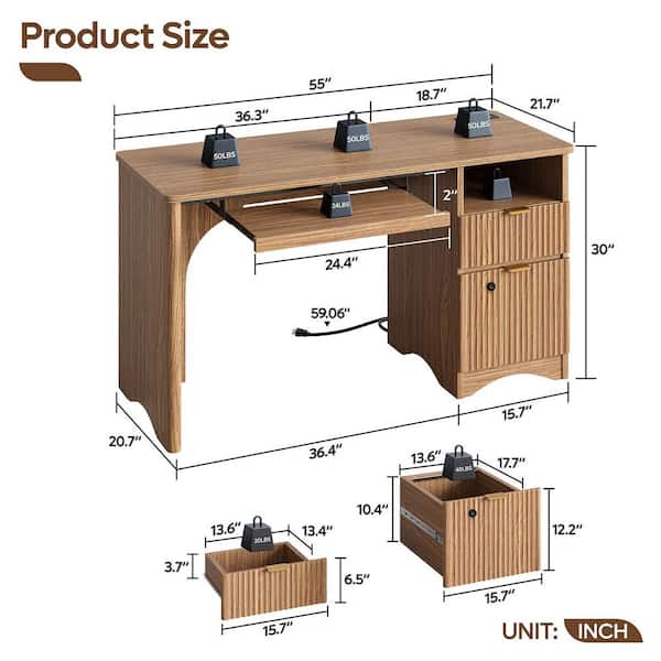 55 in Rectangular Brown Writing Desk with Smart Lock File Drawer and Power Outlet, Open File Storage and Keyboard Tray