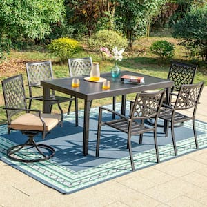 7-Piece Metal Outdoor Dining Set with Extensible Pattern Table and Elegant Swivel Chairs with Beige Cushions