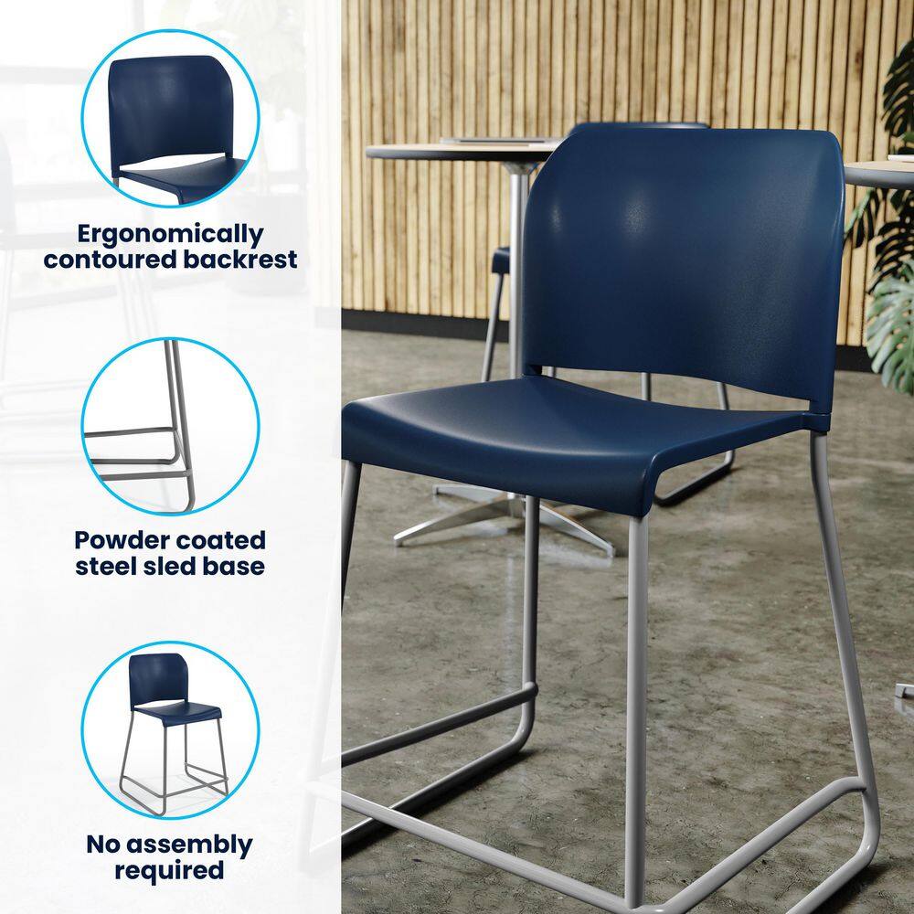 Infographic showing features of the navy blue bar stool including the contoured backrest and sled base.
