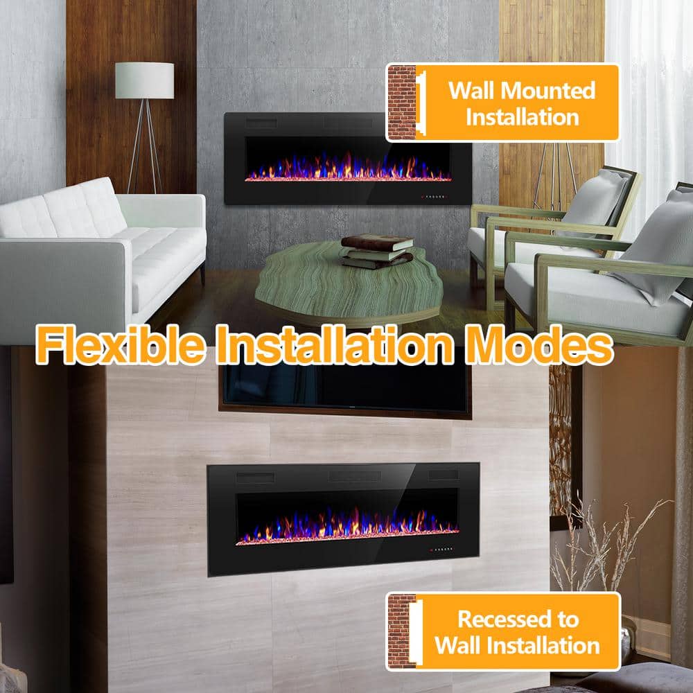 42-Inch Black Wall Mounted Electric Fireplace with Remote
