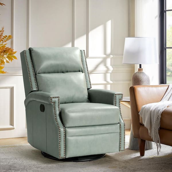 Dryope Sage Genuine Leather Swivel Rocker Recliner with Nailhead Trim