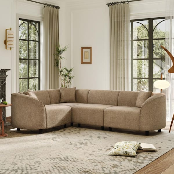 Calmere 104 in. Modern 4-Piece Boucle Fabric Upholstery L-Shape Sectional Sofa in Camel with Pillows