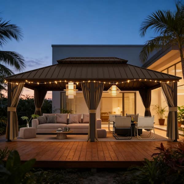 14 ft. x 20 ft. Outdoor Hardtop Gazebo with Double Roof, Galvanized Frame, Mesh and Curtains