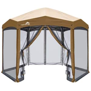 12 ft. x 10 ft. Pop Up Camping 6 Sided Canopy Gazebo with Mosquito Netting, Tan