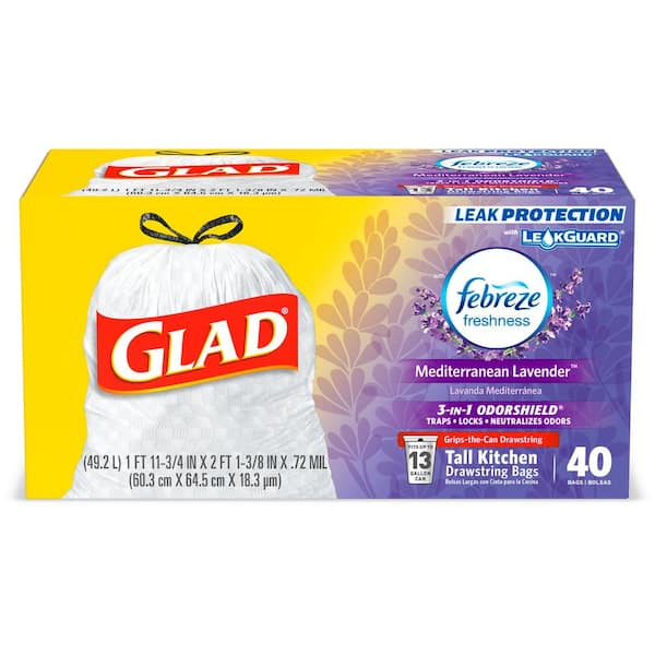 Glad 13 Gal. Tall Kitchen Drawstring Febreze Lavender Odor Shield Trash Bags (40-Count)