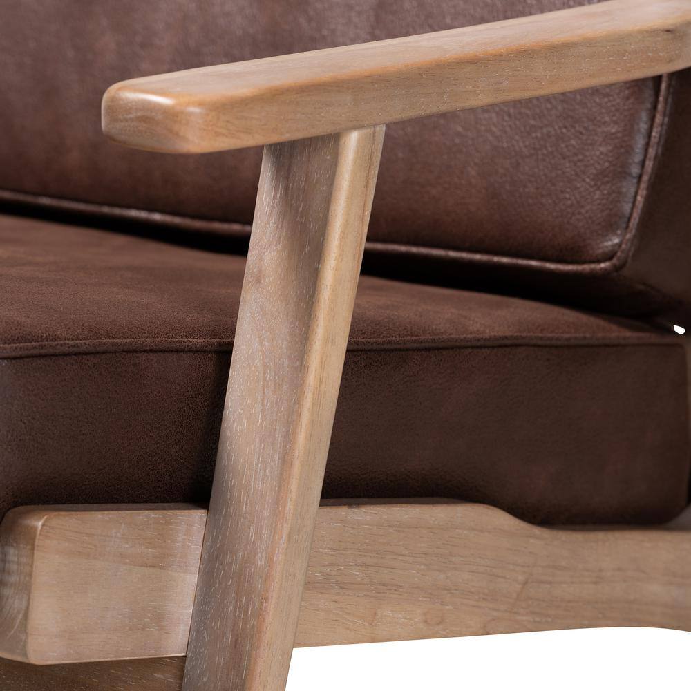 Dark Brown Faux Leather and Oak Mid-Century Accent Chair