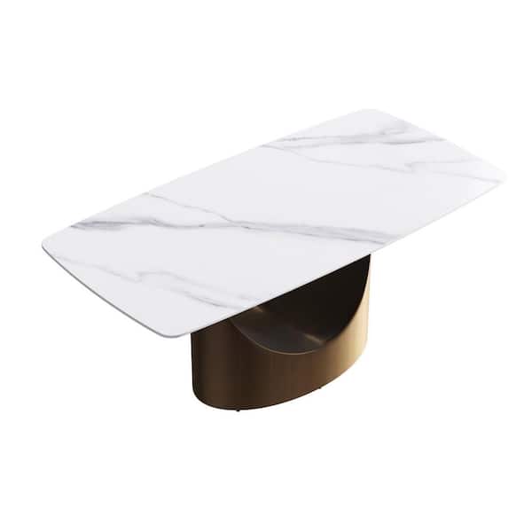 70.87 in. White Sintered Stone Rectangle Top Pedestalh Bronze Carbon Steel Legs Dining Table (Seats 6)
