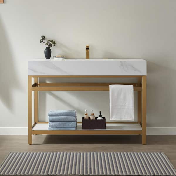 ROSWELL Bilbao 48 in. W x 21.7 in. D x 33.9 in. H Stainless Steel Bath Vanity in Brushed-Gold with Snow White Sintered Stone Top