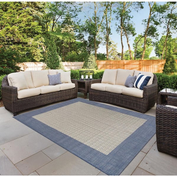 Recife Checkered Field 8 ft. x 8 ft. Ivory-Blue  Square Solid Indoor/Outdoor Area Rug