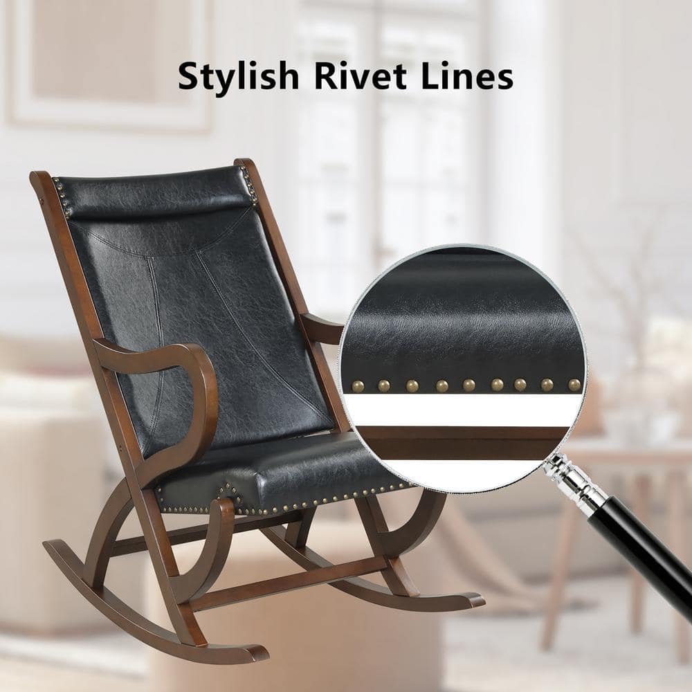 A black rocking chair with a magnified view of the rivet lines.