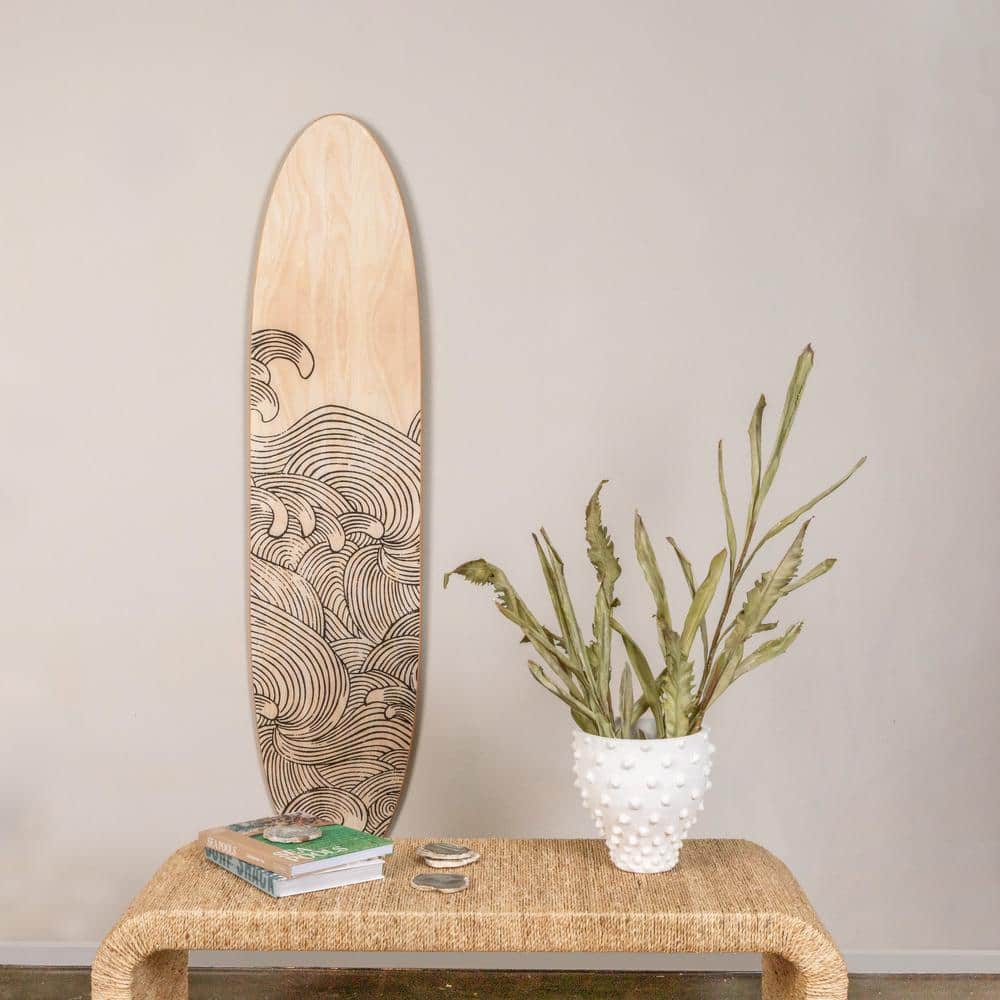 Natural Wood Coastal Surfboard Wall Art with Wave Design