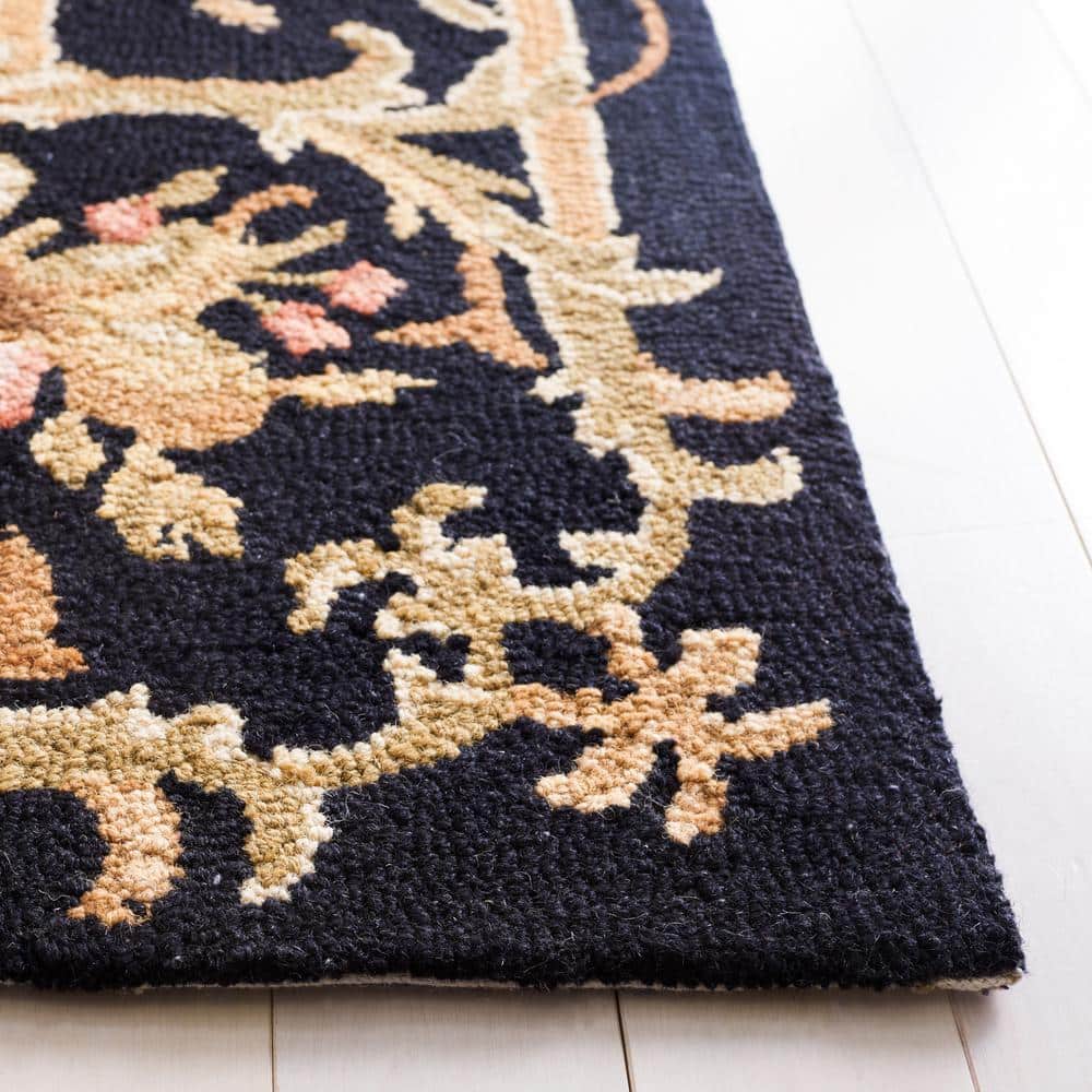 Black Floral Hand-Hooked Wool Runner Rug